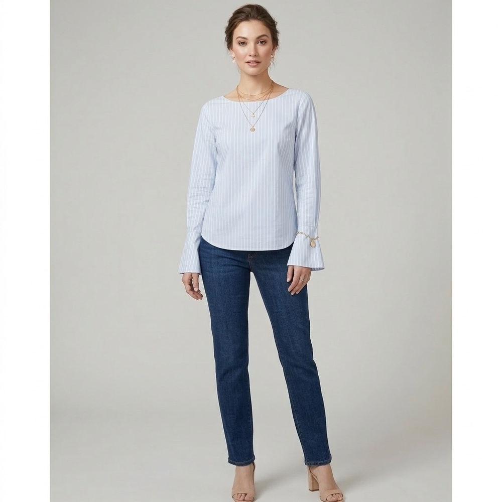 Frame Women's Light Blue Pinstripe Blouse Boat Neck Bell Cuff Top XS Cotton